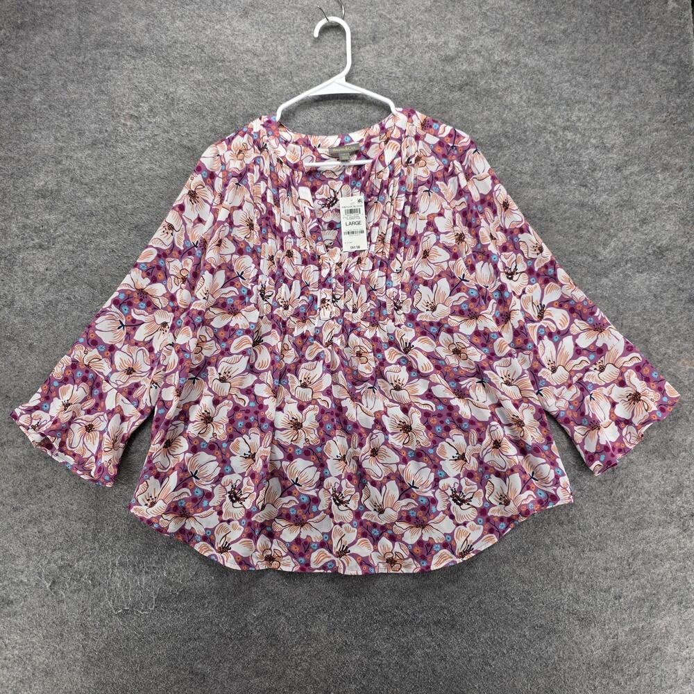 Style&Co. Blouse Womens L Purple Floral Pintuck 3/4 Bell Sleeve Lightweight Top